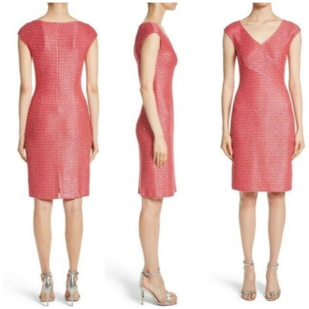 St John Coral Red Pink Knit Sequin Sheath Mini Dress Size 4 Sweater Shift